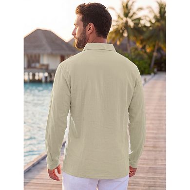 Men's Linen Polo Shirt Long Sleeve Casual Lightweight Breathable Button Down Golf Shirts