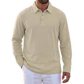 Men's Linen Polo Shirt Long Sleeve Casual Lightweight Breathable Button Down Golf Shirts