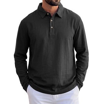 Men's Linen Polo Shirt Long Sleeve Casual Lightweight Breathable Button Down Golf Shirts