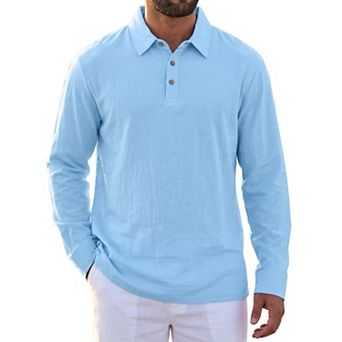 Men's Linen Polo Shirt Long Sleeve Casual Lightweight Breathable Button Down Golf Shirts
