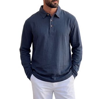 Men's Linen Polo Shirt Long Sleeve Casual Lightweight Breathable Button Down Golf Shirts
