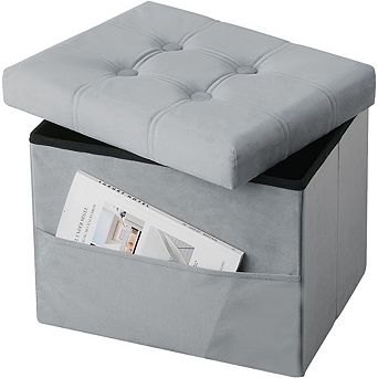 Foldable Velvet Storage Ottoman, Padded Footstool, Side Pocket, Multi-Use