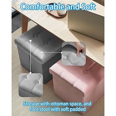 Foldable Velvet Storage Ottoman, Padded Footstool, Side Pocket, Multi-Use