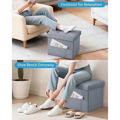 Foldable Velvet Storage Ottoman, Padded Footstool, Side Pocket, Multi-Use