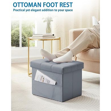 Foldable Velvet Storage Ottoman, Padded Footstool, Side Pocket, Multi-Use
