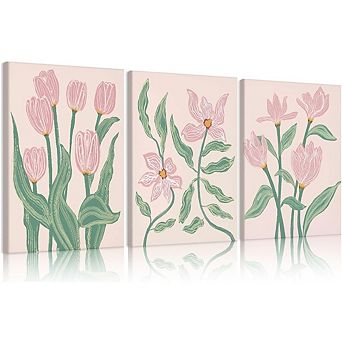 Framed Pink Tulip Floral Wall Art Set of 3 Abstract Botanical Prints Decor