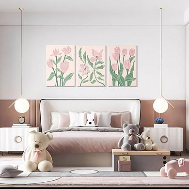 Framed Pink Tulip Floral Wall Art Set of 3 Abstract Botanical Prints Decor