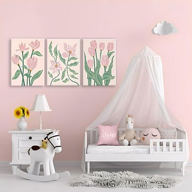 Framed Pink Tulip Floral Wall Art Set of 3 Abstract Botanical Prints Decor