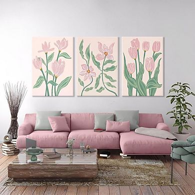 Framed Pink Tulip Floral Wall Art Set of 3 Abstract Botanical Prints Decor