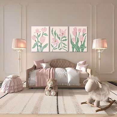 Framed Pink Tulip Floral Wall Art Set of 3 Abstract Botanical Prints Decor