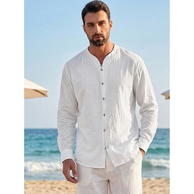 Men's Cotton Linen Shirt Long Sleeve Button Down Breathable Casual Shirts