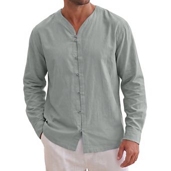 Men's Cotton Linen Shirt Long Sleeve Button Down Breathable Casual Shirts