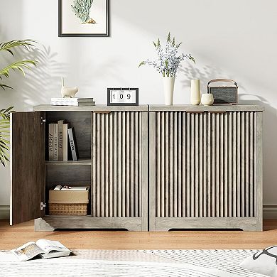 Fluted Buffet Sideboard Cabinet, Accent Modern Credenza with Doors & Shelves, Original Oak