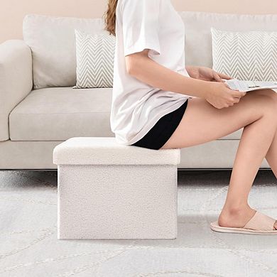 Foldable Sherpa Storage Ottoman, Faux Teddy Footstool, Portable
