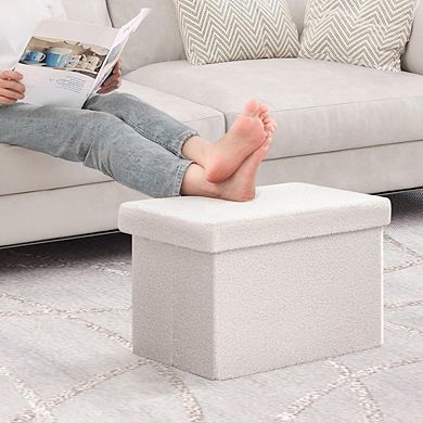 Foldable Sherpa Storage Ottoman, Faux Teddy Footstool, Portable