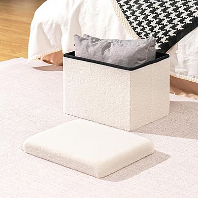 Foldable Sherpa Storage Ottoman, Faux Teddy Footstool, Portable