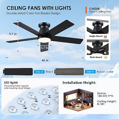 46'' Ceiling Fan with Light, Quiet DC Motor, Remote, 6-Speed Flush Mount,Reversible Blades