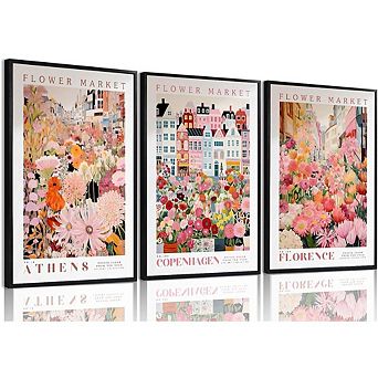 Flower Market Floral Wall Art Set of 3 Colorful Botanical Canvas Prints Decor