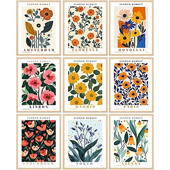 Flower Market Wall Art Set of 9 Vintage Floral Matisse Style Prints Decor