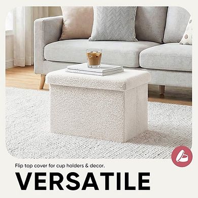 Foldable Sherpa Storage Ottoman, Padded Footstool, Space-Saving Bench