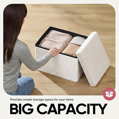 Foldable Sherpa Storage Ottoman, Padded Footstool, Space-Saving Bench