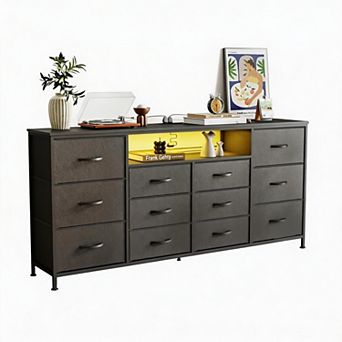 Dresser TV Stand, Fabric Chest of Drawers with Charging Station, LED Lights, Open Shelves