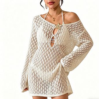 Women's Open Knit Swim Cover-Up Dress Crochet Long Sleeve Keyhole Neck Beach Tunic
