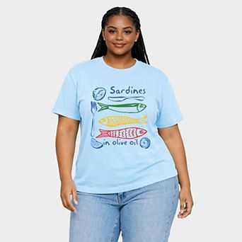 Sardines in Olive Oil Outline - Women's Plus Sized Garment Dyed Graphic T-Shirt