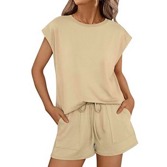 Women's Summer Casual Loose Sleeveless Top & Shorts 2 pc Crew Neck Comfort Loungewear Set Pocket