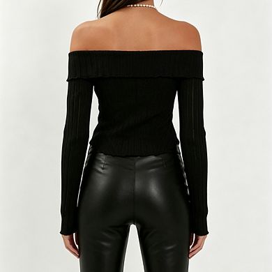 Women Off-Shoulder Ribbed Knit Long Sleeve Crop Top Cutout Front Split Blouse