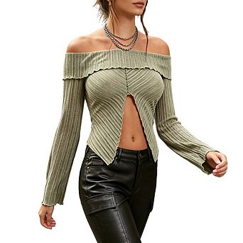 Women Off-Shoulder Ribbed Knit Long Sleeve Crop Top Cutout Front Split Blouse