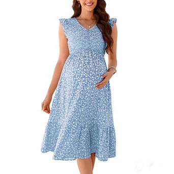 Womens Maternity Smocked Summer Ruffle Short Sleeve Button Boho Midi Dress V Neck Casual Maxi Dress