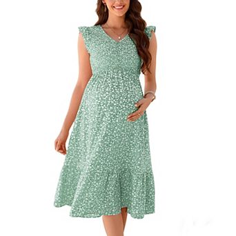 Womens Maternity Smocked Summer Ruffle Short Sleeve Button Boho Midi Dress V Neck Casual Maxi Dress