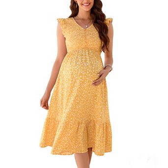 Womens Maternity Smocked Summer Ruffle Short Sleeve Button Boho Midi Dress V Neck Casual Maxi Dress