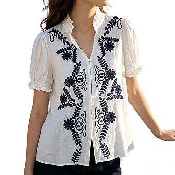 Women Casual Floral Embroidered Button-Down Puff Sleeve Blouse