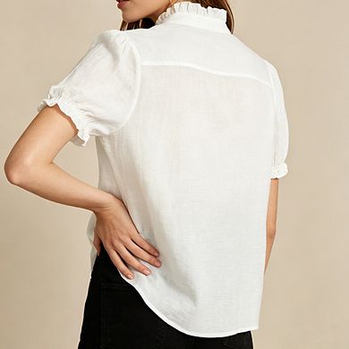 Women Casual Floral Embroidered Button-Down Puff Sleeve Blouse