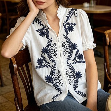 Women Casual Floral Embroidered Button-Down Puff Sleeve Blouse