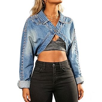 Women Studded Cropped Denim Jacket Casual Long Sleeve Trucker Jacket