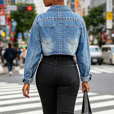 Women Studded Cropped Denim Jacket Casual Long Sleeve Trucker Jacket