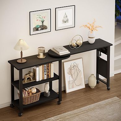 360 Rotating End Table, Wood& Alloy Steel, 2-Tier Storage Shelves, 150 lbs Weight Capacity