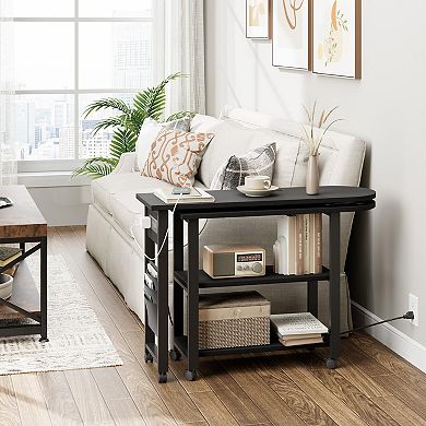 360 Rotating End Table, Wood& Alloy Steel, 2-Tier Storage Shelves, 150 lbs Weight Capacity