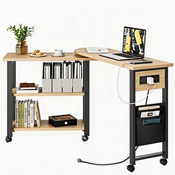 360 Rotating End Table, Wood& Alloy Steel, 2 tier Storage Shelves, 150 lbs Weight Capacity