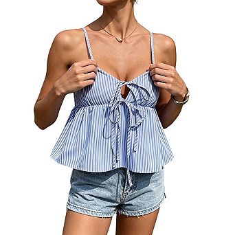 Women’s Stripe Peplum Cami Top Sleeveless Tie-Front Blouse Lightweight Spaghetti Strap Babydoll Tank
