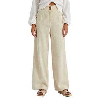 Women's Casual Elastic Waist Corduroy Trousers, Double Button Wide Leg Loose Pants