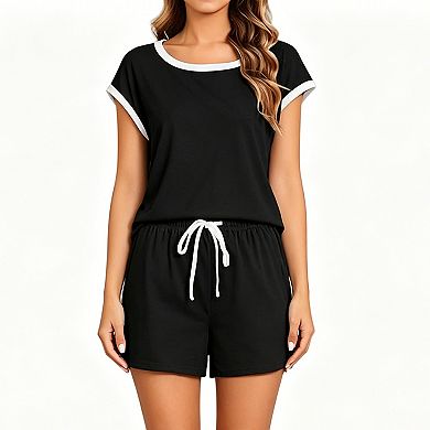 Womens 2-Piece Loose Fit Set Summer Casual Boho Short Sleeve Crew Neck Top Drawstring Elastic Shorts