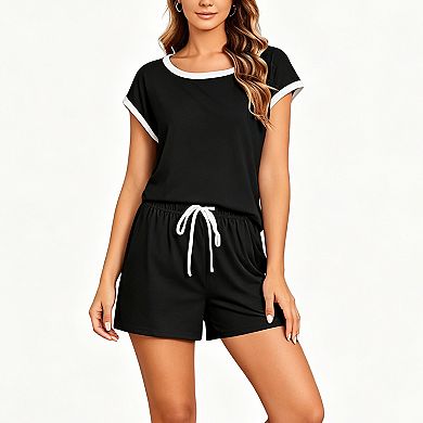Womens 2-Piece Loose Fit Set Summer Casual Boho Short Sleeve Crew Neck Top Drawstring Elastic Shorts