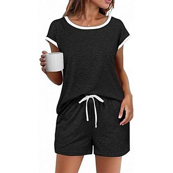 Womens 2 pc Loose Fit Set Summer Casual Boho Short Sleeve Crew Neck Top Drawstring Elastic Shorts