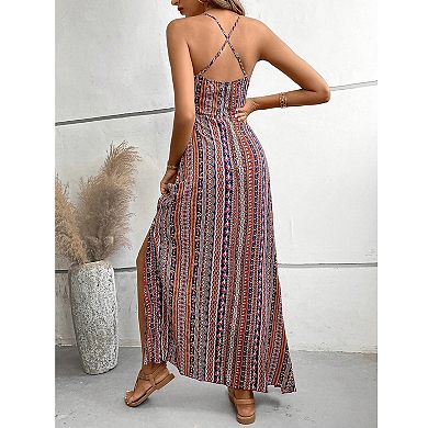 Womens Summer Boho Casual Sundress Sleeveless V Neck Split Backless Beach Vacation Maxi Dress