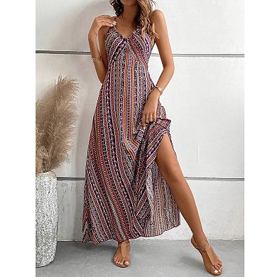 Womens Summer Boho Casual Sundress Sleeveless V Neck Split Backless Beach Vacation Maxi Dress