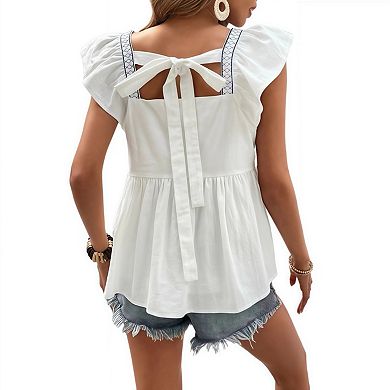 Women Ruffle Trim Flutter Sleeve Top, Square Neck Embroidered Tie Blouse